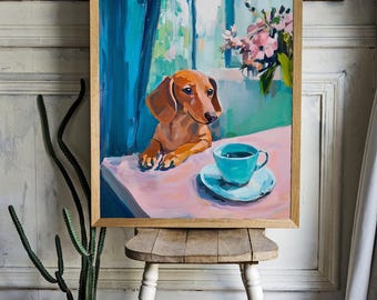 Dachshund at Tea Table Poster