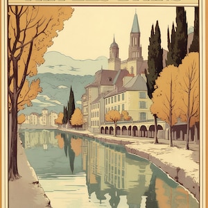 May include: A vintage travel poster for Aix Les Bains, France, showing a canal with buildings and trees reflected in the water. The poster has a warm colour palette with text that reads "Where Serenity Meets the Sparkle of Lake Bourget."