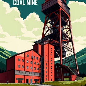 Op de afbeelding: Een gestileerde illustratie van de Zollverein-kolenmijn in Essen, Duitsland. De afbeelding toont een hoge, rode industriële toren en gebouwen tegen een achtergrond van groene heuvels en een blauwgroene lucht. Tekst bevat "ZOLLVEREIN COAL MINE" en "Discover the Cultural Gem of Essen's Ruhr Area."