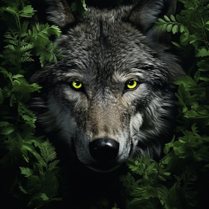 Może przedstawiać: Zbliżenie na pysk wilka z przenikliwymi żółtymi oczami, otoczone bujnym, zielonym listowiem. Sierść wilka to mieszanka szarości i brązu, z czarnym nosem. Obraz ma dramatyczny motyw inspirowany naturą.