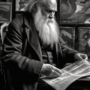 May include: A black and white photograph of an elderly person with a long white beard and hair, wearing a dark coat and vest, seated and reading a newspaper. The background features framed artwork.