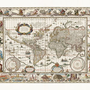 Peut inclure: Une carte du monde ancienne détaillée avec des illustrations et du texte. La carte présente des continents, des océans et des bordures décoratives avec des figures et des scènes. Le titre "Nova Totius Terrarum Orbis Geographica ac Hydrographica Tabula" est visible.