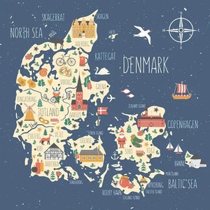 Mapa de Dinamarca / Póster / Arte mural / Decoración del hogar /