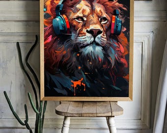 A lion with headphones Poster