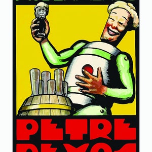 Könnte beinhalten: Vintage Bierwerbung mit einer lächelnden Cartoonfigur, die ein Bierglas hält. Die Figur ist grün und weiß, mit einem fassförmigen Körper. Der Text "AUDENAERDE" steht oben und "PIERRE DEVOS" unten, alles in fetten Buchstaben.