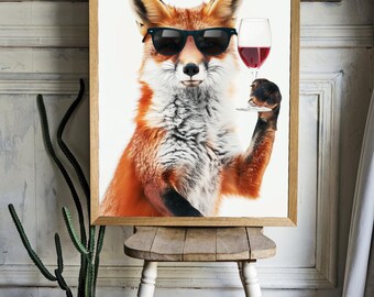 A fox with a glass of wine Poster