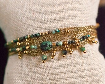 Bracelet triple tours en acier inoxydable, Bracelet Multirangs pour Femme, Petites pierres Turquoises Africaines, Bijou 2 en 1