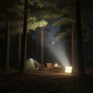May include: A nighttime camping scene in a forest. A green tent is set up near two wooden chairs and a small table with a lantern. A bright light shines on the scene, illuminating the trees and the ground. The moon is visible in the sky.
