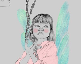 Pencil illustration, postcard size, feminist postcrossing postcards, wall decoration, decorative prints, balloon illustration