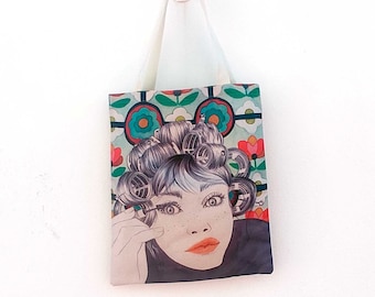 Printed fabric tote bag, Christmas tote bag, colorful tote bag, fabric shopping bag, fabric book bag, unisex tote bag, colorful tote bag