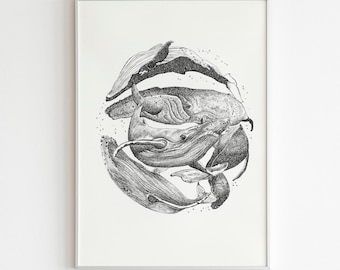 Whale ink illustration, whale decorative sheet, whale wall decoration, whale painting, wall art, whale decorative painting