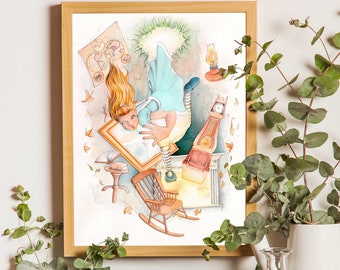 Fan art Alice in Wonderland, fairy tale illustration print, Disney fan art illustration, Lewis Carroll.