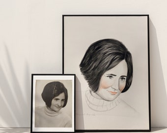 Watercolor portrait, black and white portrait, personalized illustration gift, wall decoration, home decoration