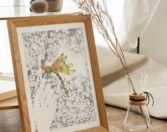 Dragonfly illustration, lucky clover, wall decoration, picture print, decorative prints, decorative pictures