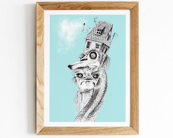 Ostrich ink illustration, ostrich decorative print, ostrich wall decoration, home decor painting, ostrich decorative painting