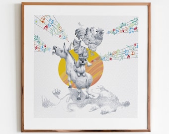 Bremen Town Musicians fan art, decorative children's illustration, decorative pencil drawings, children's wall art, fairy tale, Grimm brothers