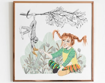 Pippi Langstrump fan art, decorative children's illustration, decorative pencil drawings, children's wall prints, Astrid Lindgren illustration