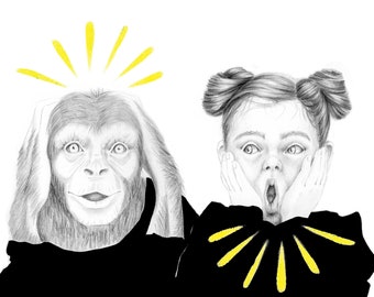 Fan art of 3 wise monkeys, illustration of 3 wise monkeys, decorative Kikazaru illustration, decorative pencil drawings, decorative wall print