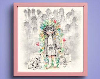 Momo fan art, decorative children's illustration, decorative pencil drawings, children's wall prints, fairy tale, Michael Ende illustration