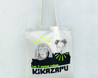 Printed tote bag, Christmas gift, wise monkeys, canvas shopping bag, canvas book bag, women's cotton bag, unisex tote bag, Kikazaru