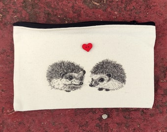 Fabric pencil case with printed hedgehogs, Christmas gift, school pencil case, fabric case for phone glasses, women's makeup bag
