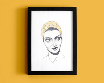 Portrait of Chelo Alonso, drawing of an old actress, classic film illustration, vintage film print, decorative painting, wall decoration