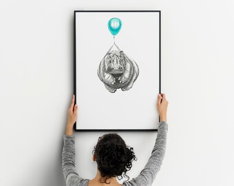 Children's illustration of a hippopotamus flying in a balloon, ink drawing, black and white drawing, children's decoration, wall decoration, gift print