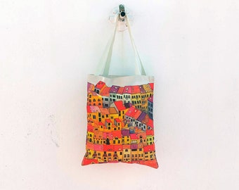 Printed fabric tote bag, Christmas tote bag, colorful tote bag, fabric shopping bag, canvas book bag, unisex tote bag, colorful tote bag