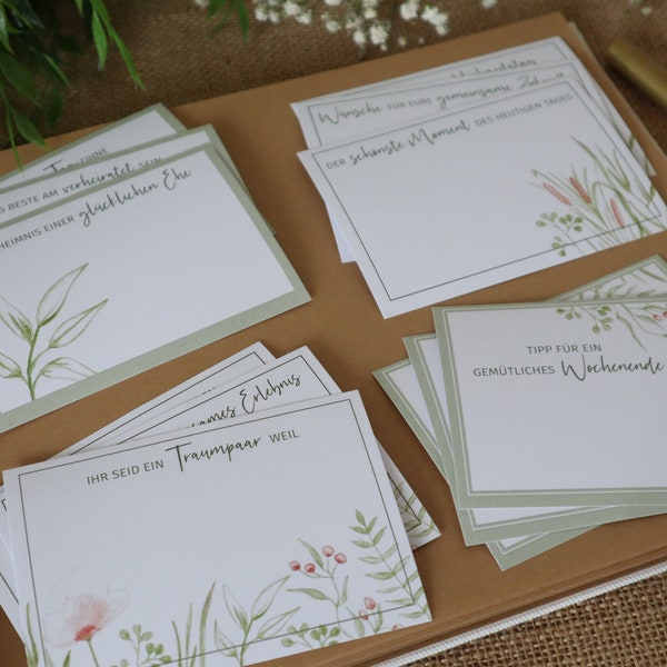 Karten-Set fürs Gästebuch mit 12 Karten | DIY Gästebuch Hochzeit | Watercolour grün rosa apricot | Fragekarten Hochzeitsgästebuch