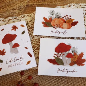 3er Set Herbstkarten A6 | Grußkarten mit Herbsmotiven | herbstliche Postkarten mit Kürbis Pilz | Herbstzauber