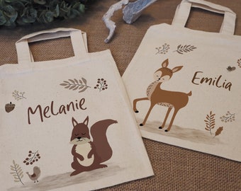 Forest animal bag with name | Cotton bag with handles | Fox squirrel deer | Personalized tote bag | Gift for twins