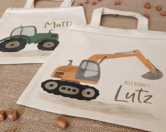 Bag with name | Cotton bag with handles | Excavator or tractor | Gift for twins and siblings