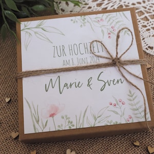 Geschenkschachtel zur Hochzeit mit den Namen des Brautpaares und Datum Hochzeit | Geldgeschenk | Wunscherfüller Geschenkbeutel Reisekasse
