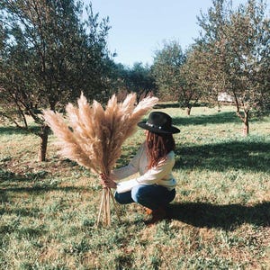 Puede incluir: Una persona con un sombrero negro sostiene un gran ramo de hierba de la pampa seca en un campo de hierba verde.