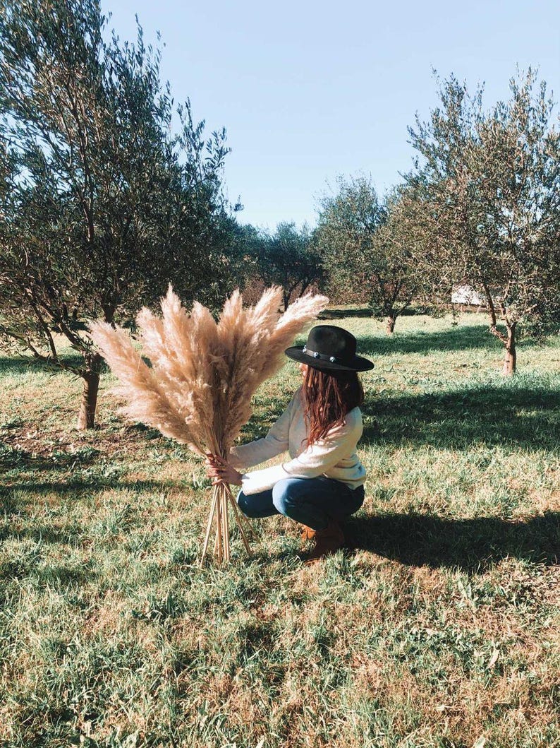 Puede incluir: Una persona con un sombrero negro sostiene un gran ramo de hierba de la pampa seca en un campo de hierba verde.