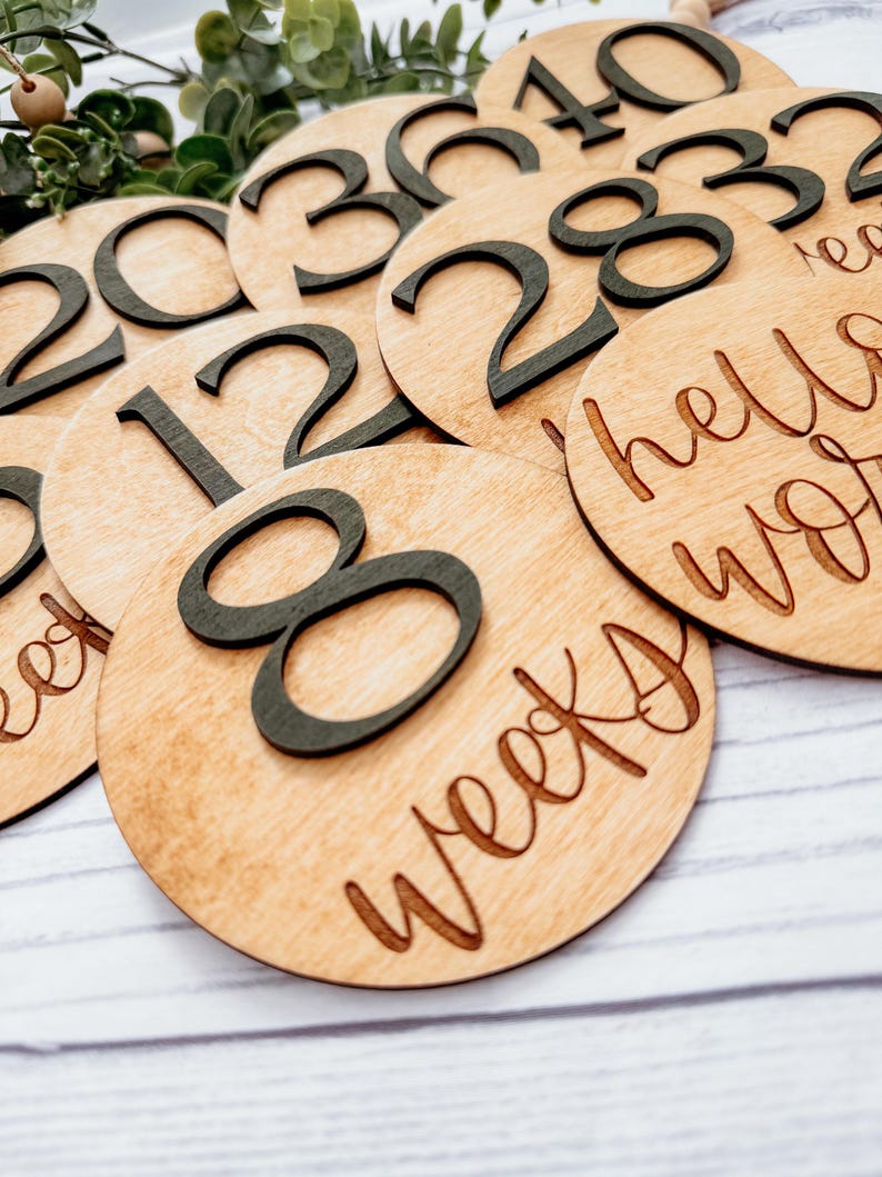 May include: Wooden circles with black numbers from 1 to 40 and the text "weeks" and "hello world". These circles are used to track pregnancy weeks.