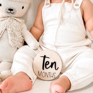 May include: A baby wearing a white ribbed jumpsuit and holding a wooden sign that says "Ten Months". A white stuffed animal is sitting next to the baby.
