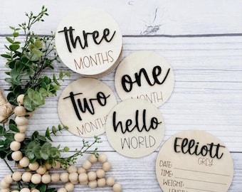 Baby Monthly Milestone Disc Set|Baby Announcement|Milestone Discs|Hello World|Baby Shower Gift| Baby Photo Prop|Wood Monthly Photo Markers