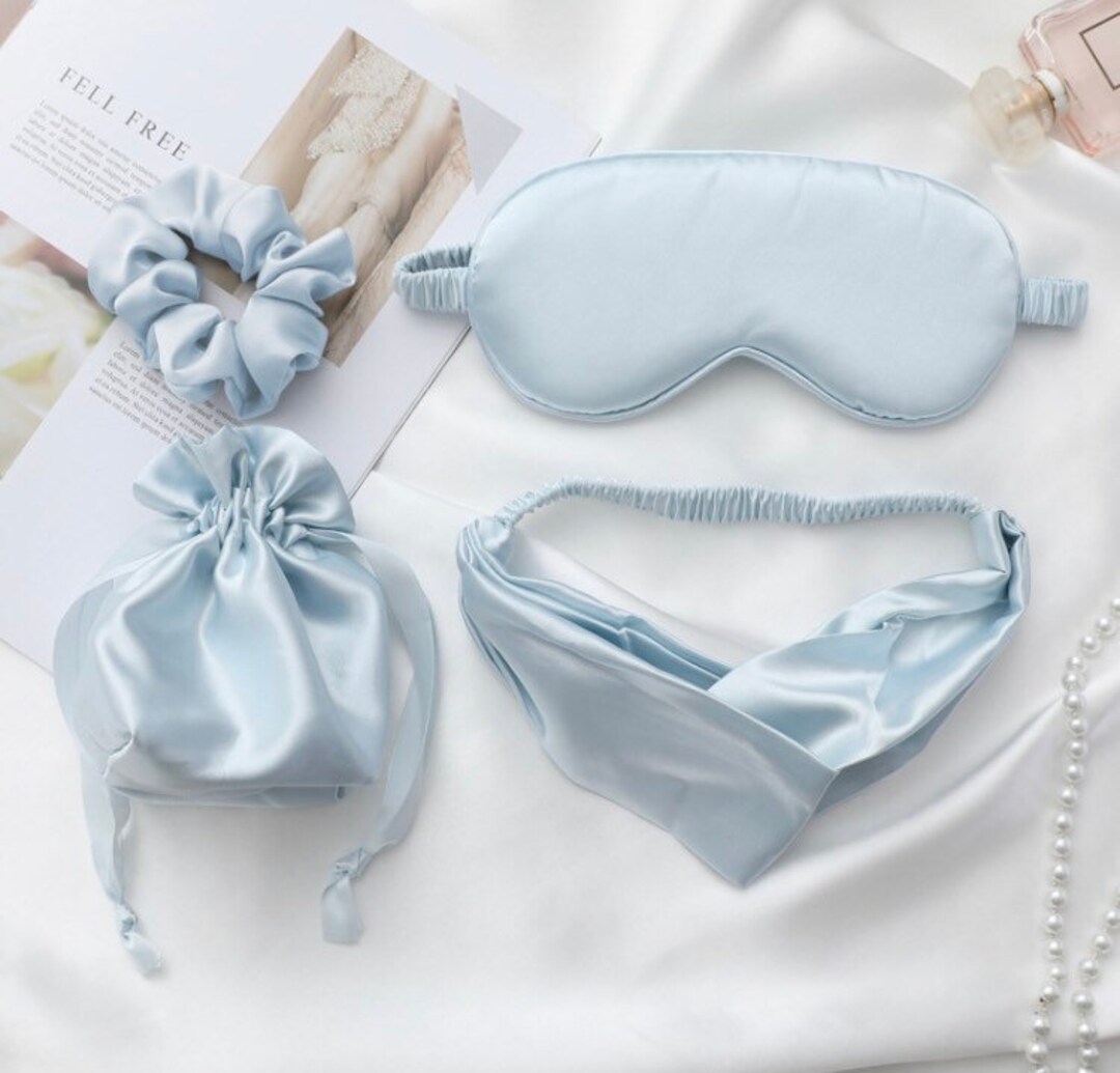 Set of 4 Blue 100 Silk Eye Mask Headband Scrunchies and Bag Etsy UK