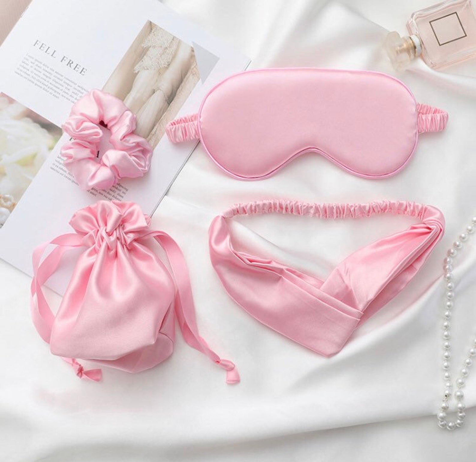 Set of 4 Pink Silk Eye Mask Headband Scrunchies and Bag Etsy UK