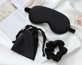 UK Luxury Pure  Mulberry blindfolded Black 100% Silk Eye Mask , scrunchies and bag.