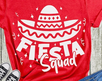 May include: Red t-shirt with a white sombrero and the text "Fiesta Squad" on it.