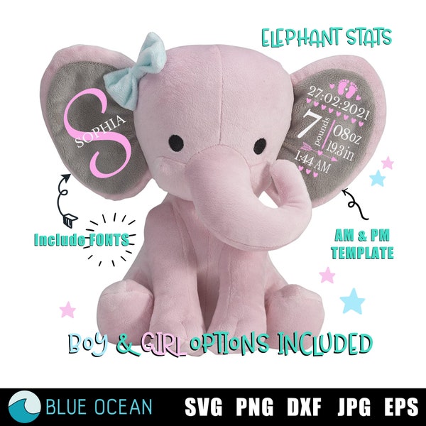 Geburt Stats Elefant SVG, Geburtsankündigung SVG, Geburt Stats SVG, Baby Girl, Baby Boy