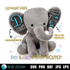 Statistiques de naissance éléphant SVG, statistiques de naissance SVG, bébé fille, bébé garçon, modèle de statistiques de naissance