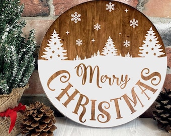 Christmas Round Sign SVG: Tree Scene, Farmhouse Decor (Digital Download)