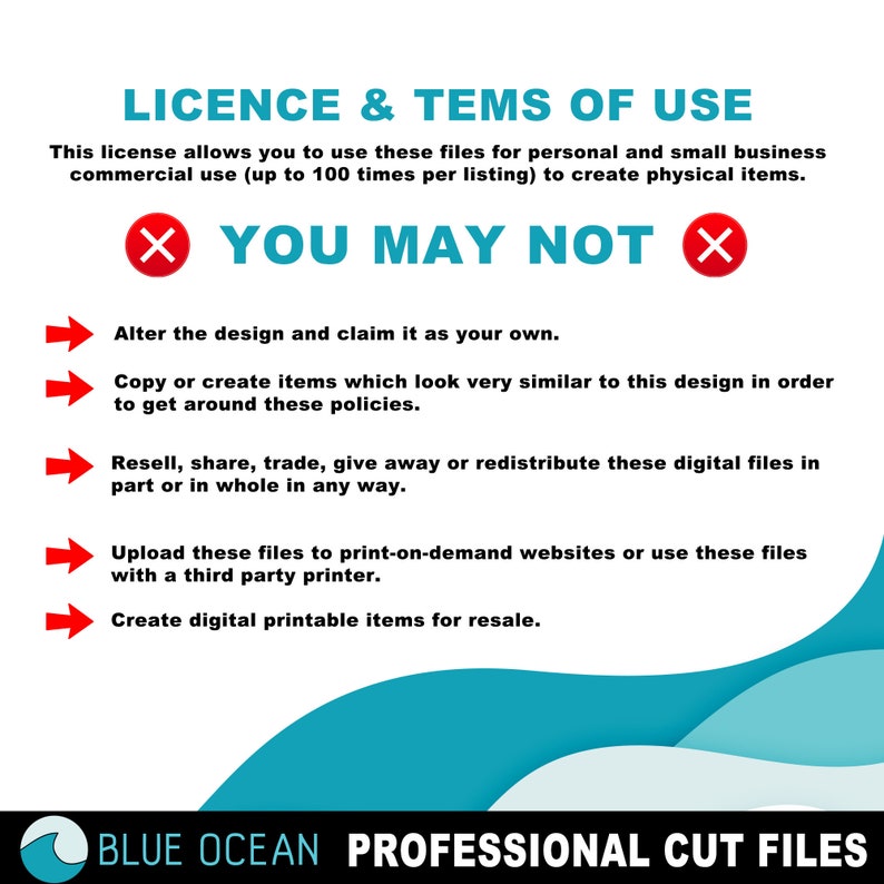 Puede incluir: Un gr&aacute;fico azul y blanco con el texto "LICENCE & TEMS OF USE" y una lista de lo que est&aacute; permitido y no est&aacute; permitido al usar los archivos digitales. El texto "YOU MAY NOT" est&aacute; en rojo con una X roja a cada lado. El gr&aacute;fico est&aacute; sobre un fondo azul.