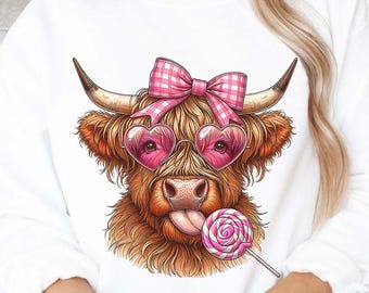 Highland Cow Valentine PNG: Pink Bow, Heart Glasses (Digital Download)
