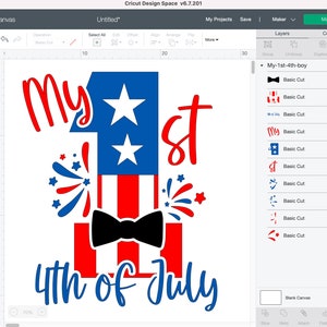 May include: A red, white, and blue design for a 1st birthday celebration. The design includes the words "My 1st 4th of July" with a bow tie, stars, and fireworks.