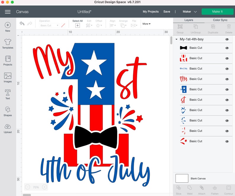 May include: A red, white, and blue design for a 1st birthday celebration. The design includes the words "My 1st 4th of July" with a bow tie, stars, and fireworks.