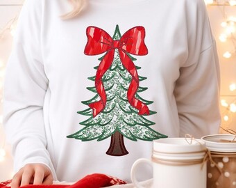 Christmas Tree Chinoiserie PNG: Red Bow, Gold Glitter (Digital Download)